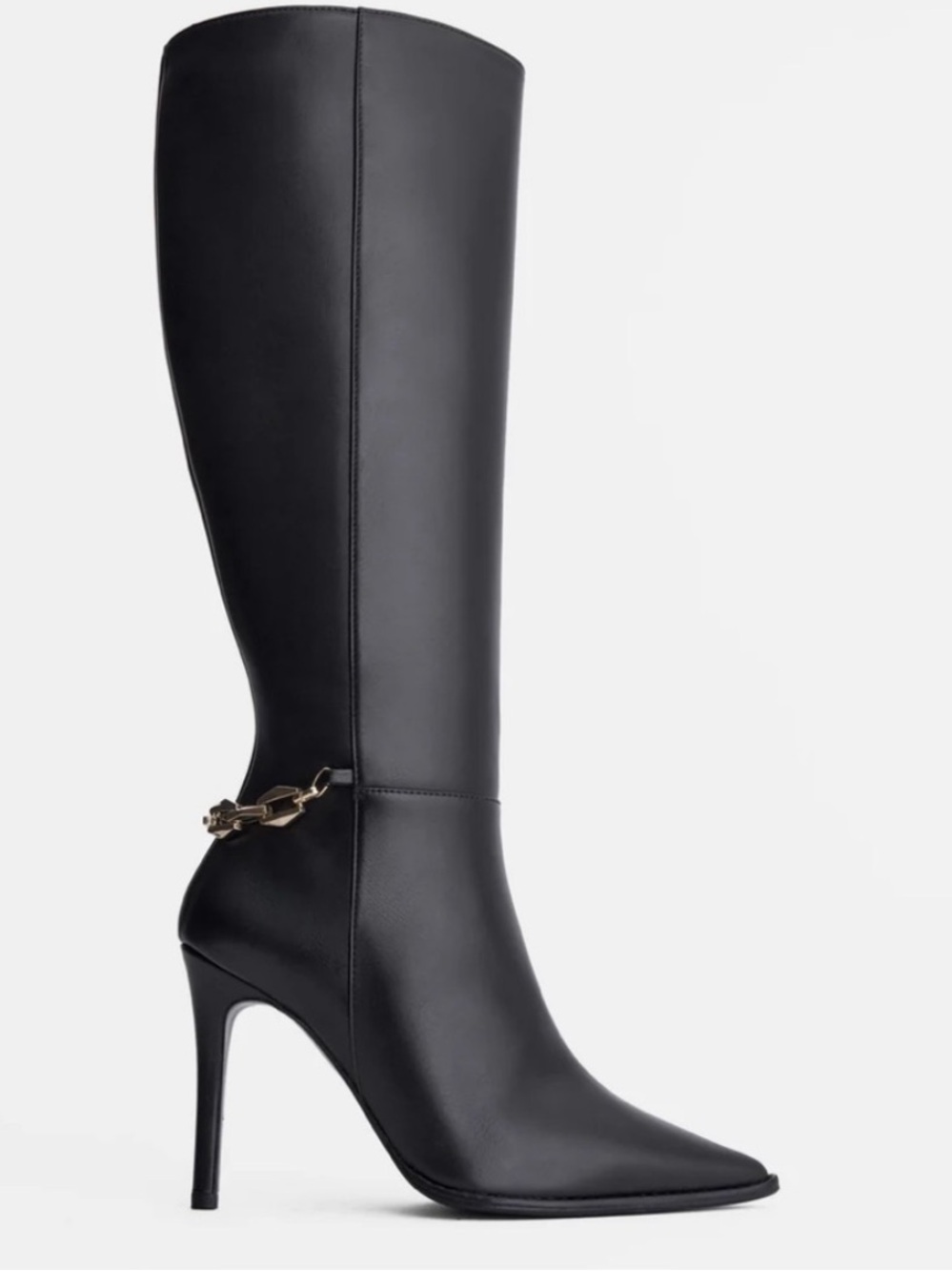 Pointed-Toe Knee-High Stiletto Boots with Chain Accent in Black